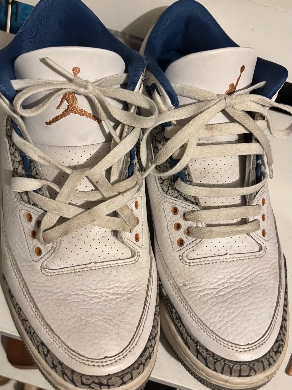 Nike White and Blue Air Jordan 3 Style Sneakers with Gold Jumpman